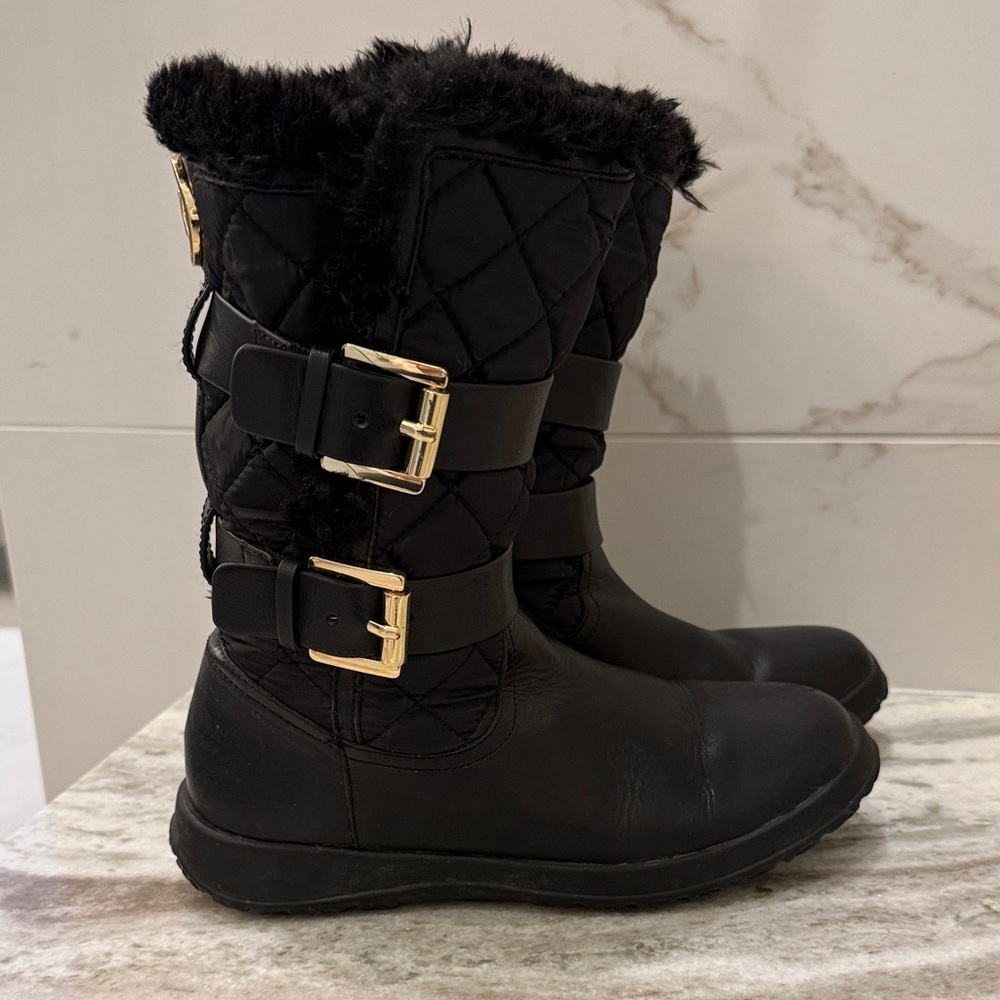 Michael Kors Black Quilted Winter Boots with Gold Buckles